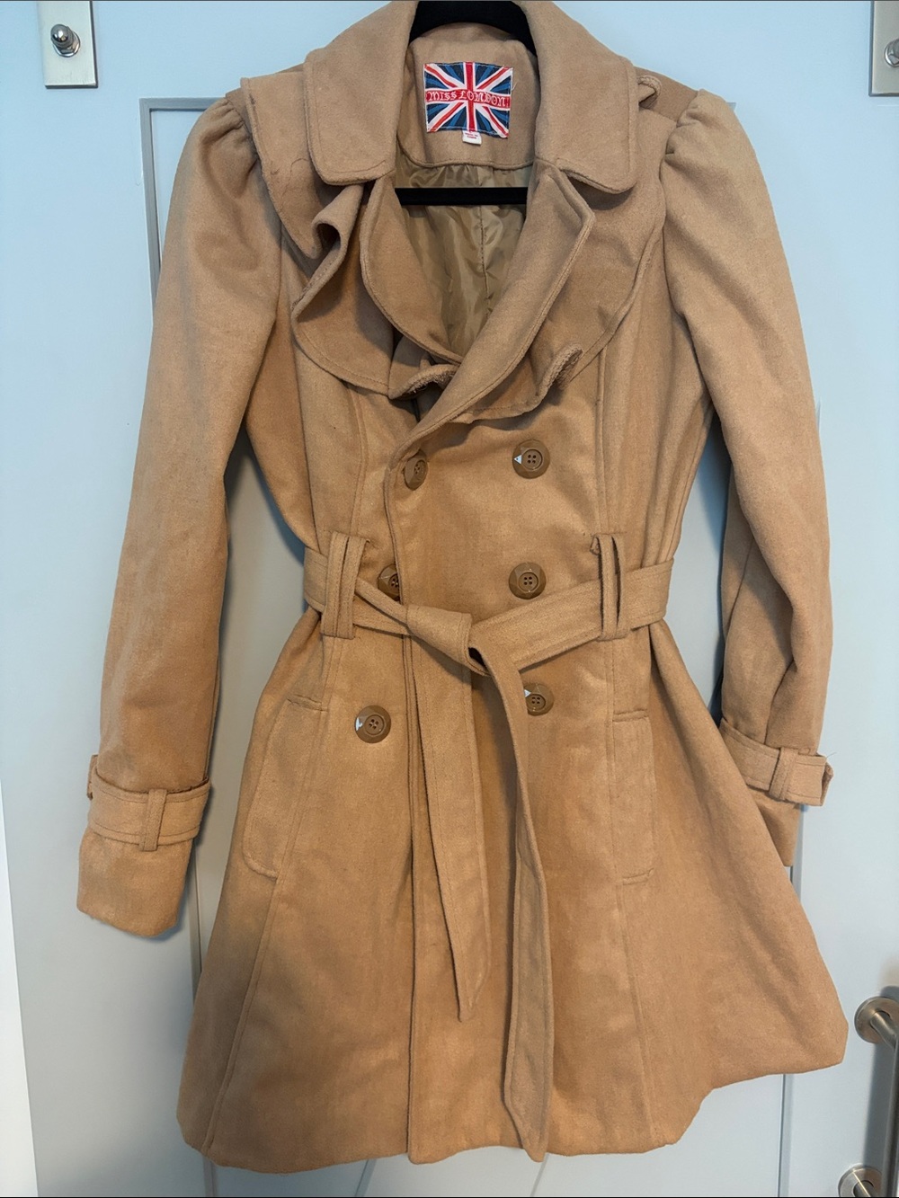 Miss London Camel Peacoat with Ruffle Collar
